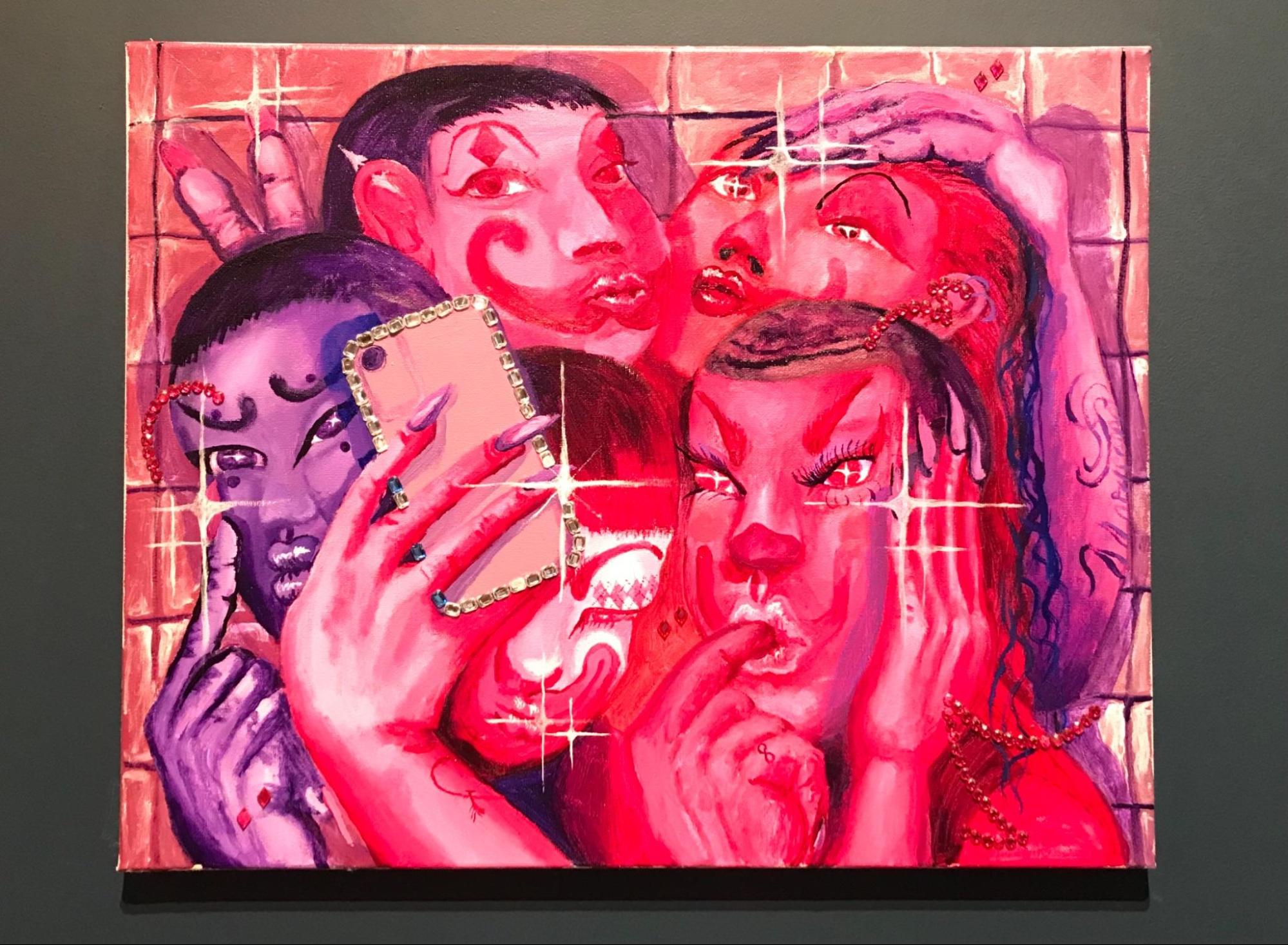 Bathroom Selfie, 2020, acrylic and rhinestones on canvas, 20” x 16”