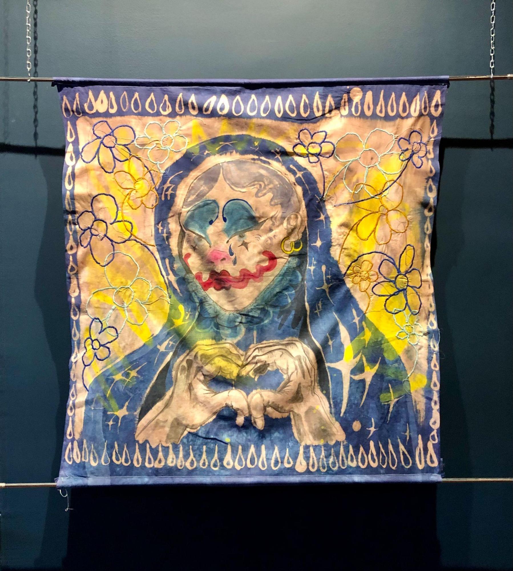 Nuestro Payaso de las Lágrimas, 2021, 36” x 38”, ink, dye, and embroidery on muslin