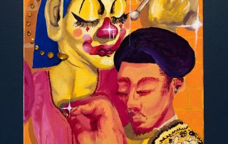 Clown Aided by Matador, 2021, 16” x 20”, acrylic and rhinestones on canvas