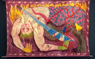 Pelea con el Diablo, 2021, ink, dye and embroidery on muslin, 110” x 76”