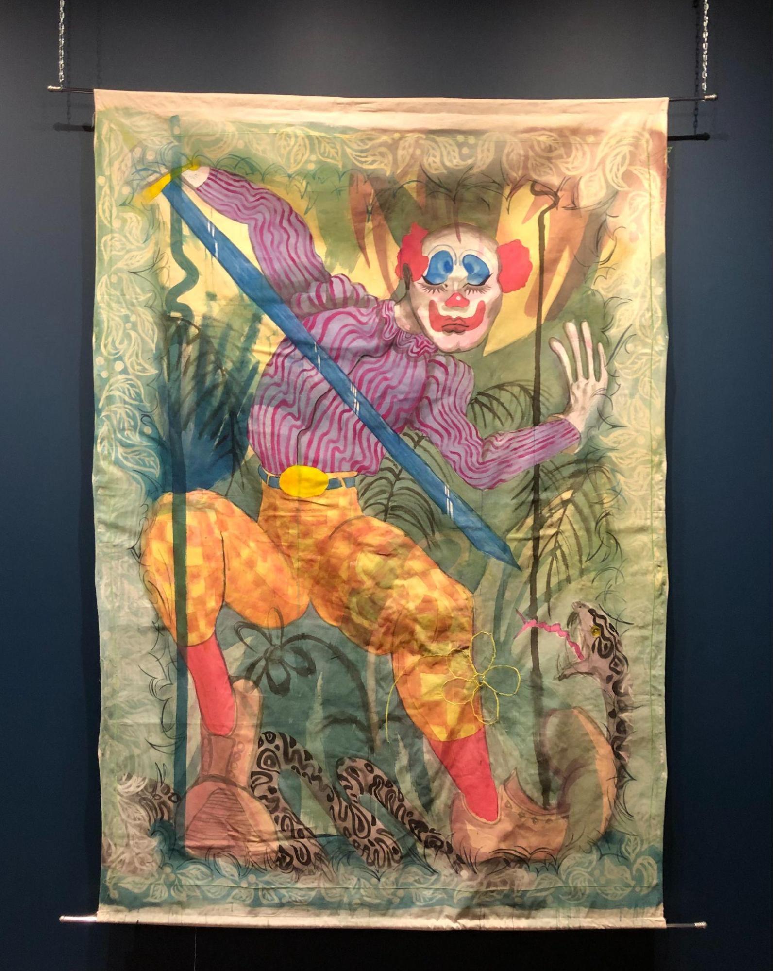 Payaso Miguel, 2021, ink, dye and embroidery on muslin, 60” x 88”