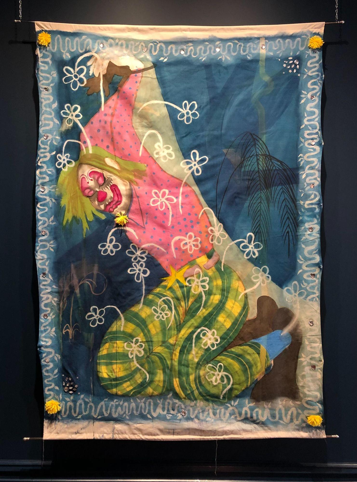 Payaso Sebastián, 2021, 60” x 87”, ink, dye, yarn, and rhinestones on muslin