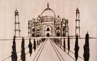Tushar Mithaiwala, The Taj Mahal, 2020-2021, Woodburning on wooden panel , 11” x 14”