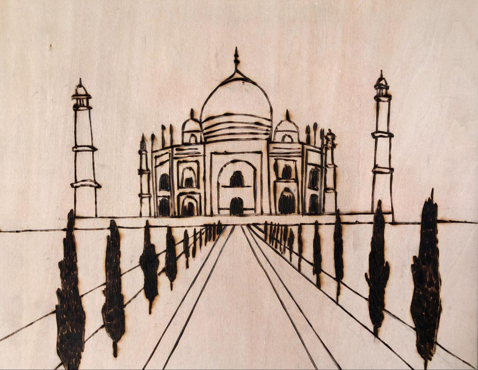Tushar Mithaiwala, The Taj Mahal, 2020-2021, Woodburning on wooden panel , 11” x 14”