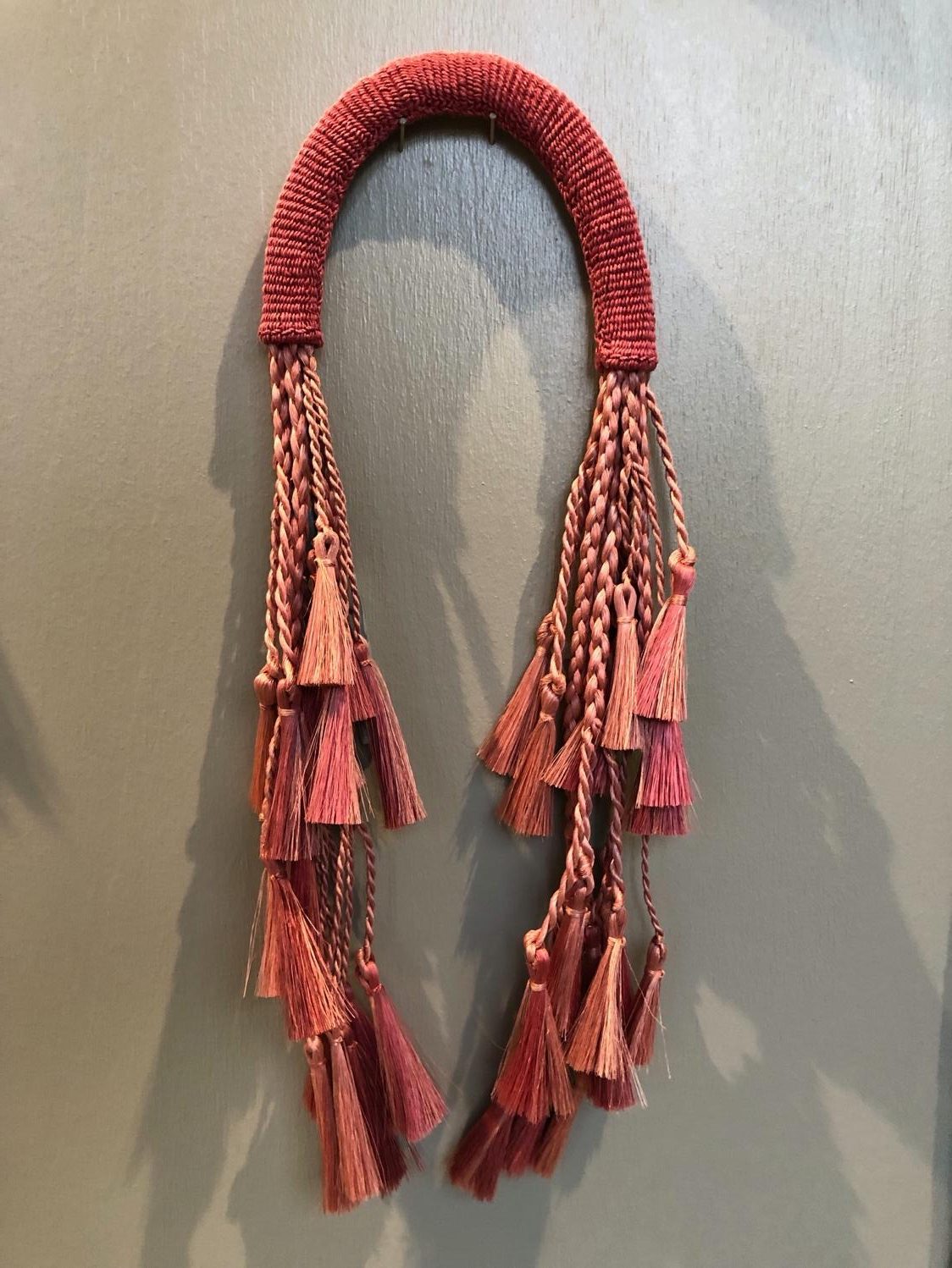 Venus y Loco, Red Tlacoyal Necklace, 2021, spun and hand braided agave fiber, dyed with Mexican Logwood, hand sewn assembly