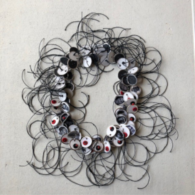 Susann Craig Tags, images from New Yorker, glass, beads, plastic buttons, waxed cord 2020