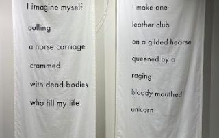 Chantal Nadeau, Unicornis – 2021, (poems translated from Les trouées, 2020), Screen print on cotton muslin fabric, 4 panels: 84” x 24”