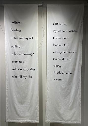 Chantal Nadeau, Unicornis – 2021, (poems translated from Les trouées, 2020), Screen print on cotton muslin fabric, 4 panels: 84” x 24”