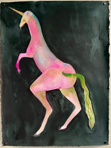 Jessie Mott, Unicornis (Luminous), 2021, Ink, gouache, watercolor, colored pencil, acrylic marker on paper, 30” x 22”