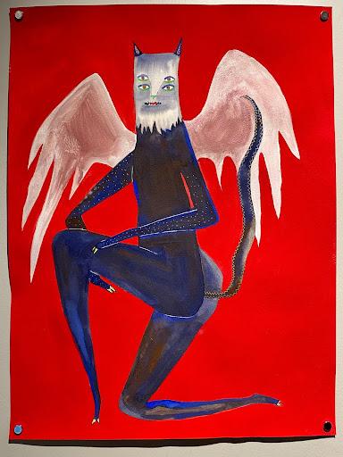 Jessie Mott, Red Panther, 2021, Ink, gouache, watercolor, acrylic marker on paper, 24” x 18”