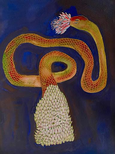 Jessie Mott, Serpent Flower, 2021, Gouache, water color, ink, acrylic marker on paper, 12” x 9”