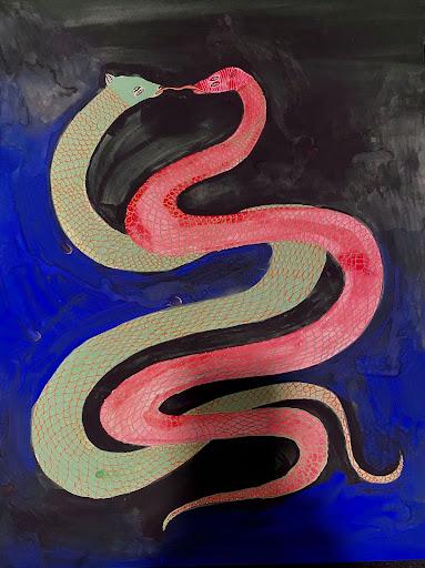 Jessie Mott, Snake-y (blue), 2021, Gouache, water color, ink, acrylic, marker on paper, 20” x 16”