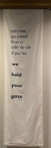 Chantal Nadeau, We Hold Your Gaze, 2021 Screen print on cotton muslin fabric, 84” x 24”