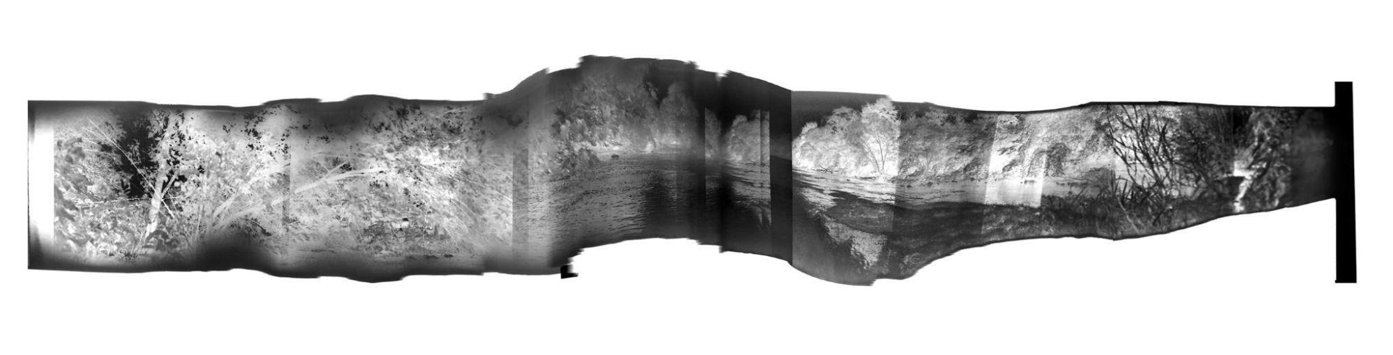 Barbara Ciurej and Lindsay Lochman, River 4, 2021, Negative rephotographed with handheld iPhone in panorama mode, Digital print, edition of 2 + 1 AP, 8” x 36”