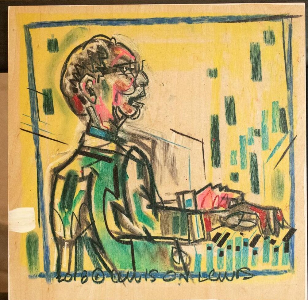 Lewis Achenbach, Ramsey Lewis, 40th annual Chicago Jazz Fest, 2018, pastel, charcoal, chalk on wood cradle, 12” X 12”
