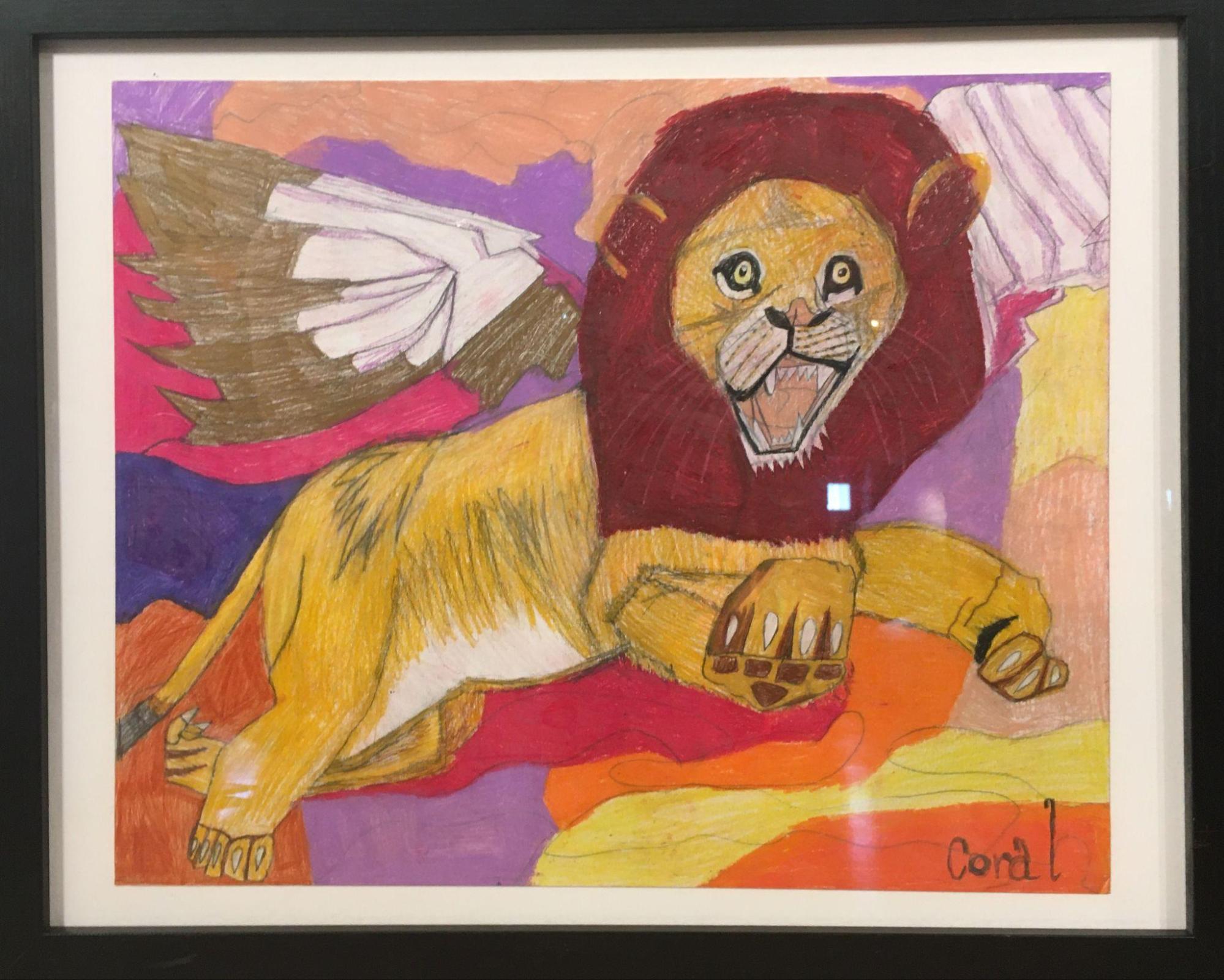 Coral Kappel, Flying Lion, 2022, color pencil on paper, 18” x 22”