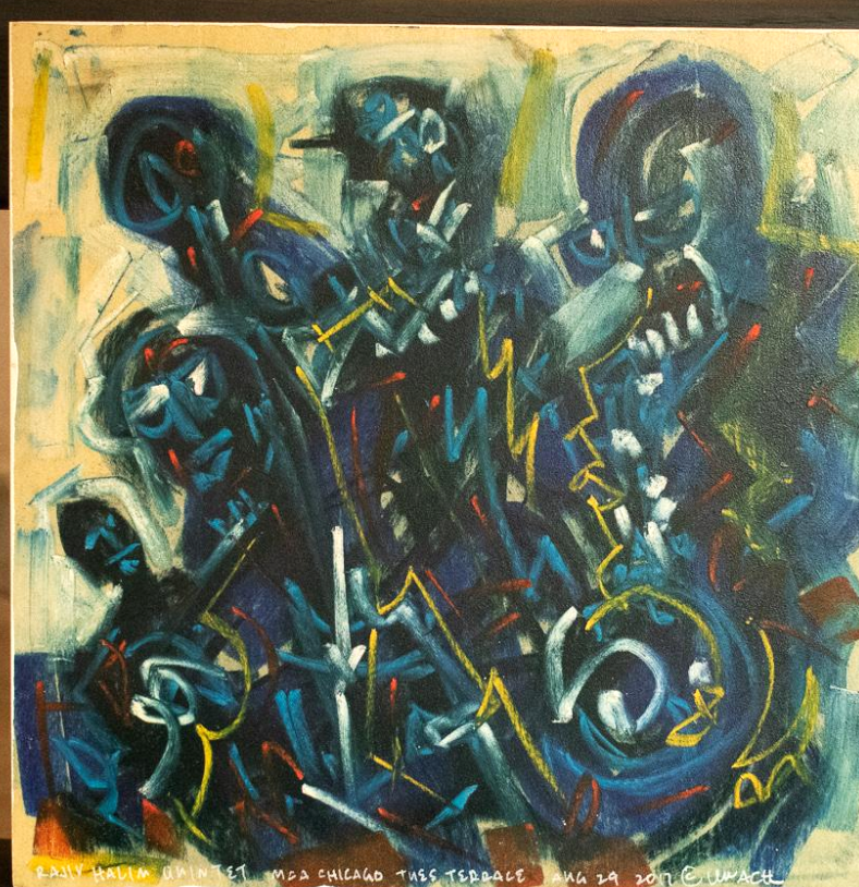 Lewis Achenbach, Rajiv Halim Quintet, Tuesdays on the Terrace, 2017, pastel, charcoal, chalk on wood cradle, 12” X 12”