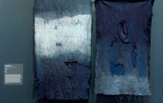 Amanda Christine Harth, Continents, 2022, cotton canvas, indigo dye, red cotton thread, (Left) North America , 47’’ x 25’’, (Right) Africa, 41’’ x 25.5’’
