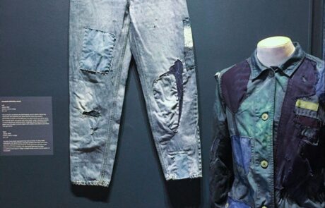 Amanda Christine Harth, (Left) Jeans, 2022, denim, cotton, indigo, 41’’ x 14’’, (Right) Jacket, 2022, cotton, denim, indigo, 34’’ x 21’’