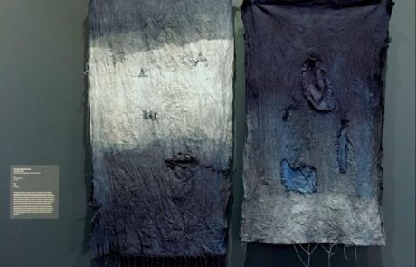 Amanda Christine Harth, Continents, 2022, cotton canvas, indigo dye, red cotton thread, (Left) North America, 47’’ x 25’’, (Right) Africa, 41’’ x 25.5’’
