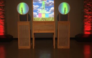 Mikey Mosher, open sky, 2022, projection, audio, wood, vellum, mesh, mirror, 83” x 82” x 65”, 06:01 run time