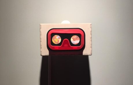Mikey Mosher, Interior Lens, No. 1, 2022, wood, LEDs, stereograph viewer, acrylic, polycarbonate, collage, 5” x 8” x 8”