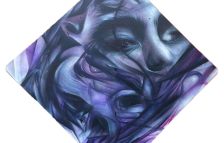 Rawooh, Bliss, 2020, spray paint on found object, 50” x 50”